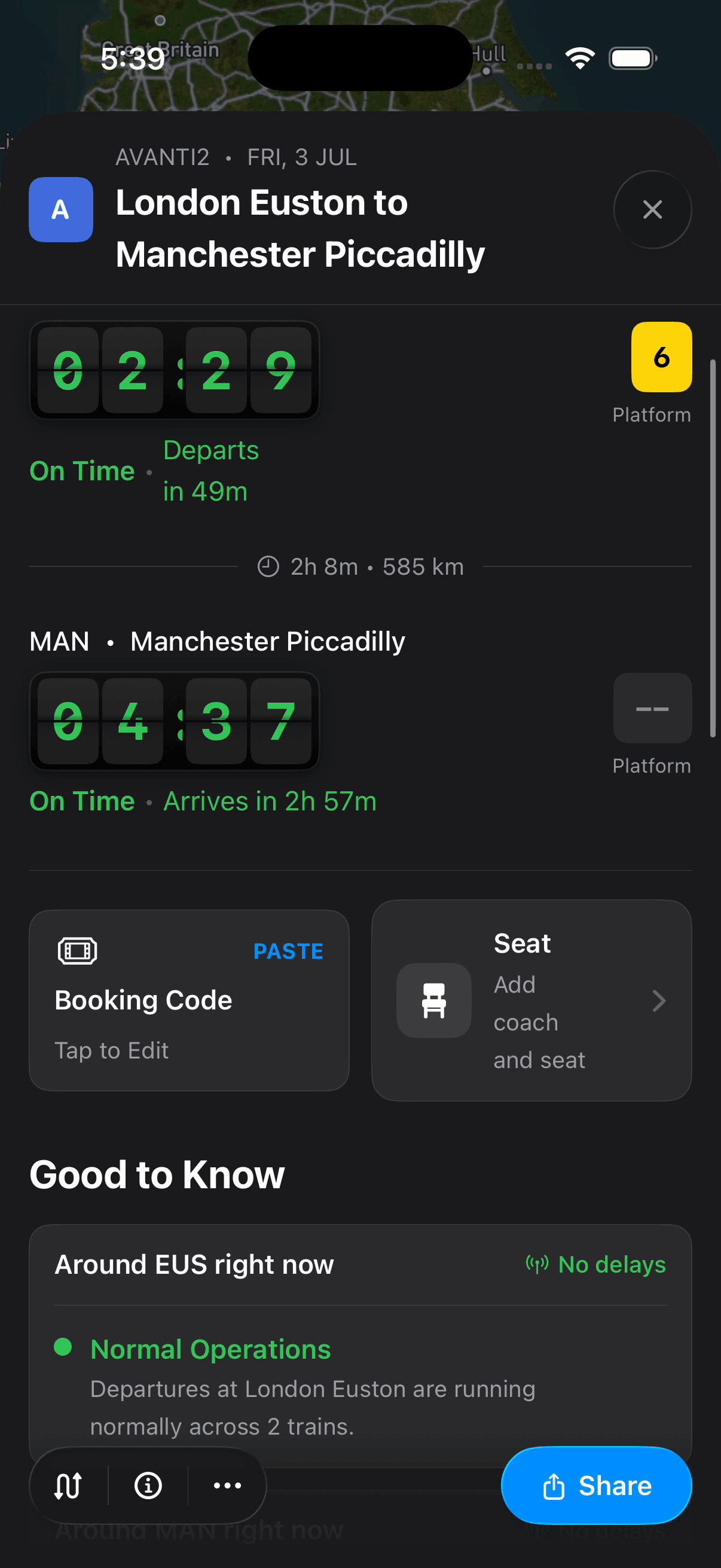 Conductor journey detail with platform, times and disruption panel
